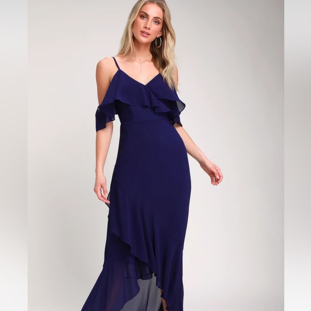 Lulu’s Caden Royal Blue Off-the-Shoulder Ruffled Maxi Dress